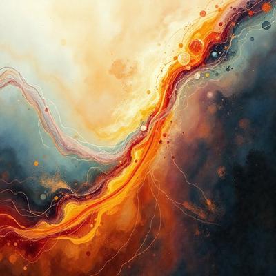 The primary subject of the image is a vibrant and colorful painting featuring a red, orange, and yellow color scheme. The painting is set against a blue background, creating a striking contrast. The visual style of the painting is a mix of digital art and illustration, giving it a unique and artistic appearance. The dominant colors and overall atmosphere of the painting evoke a sense of warmth and energy, making it an eye-catching and engaging piece of art.